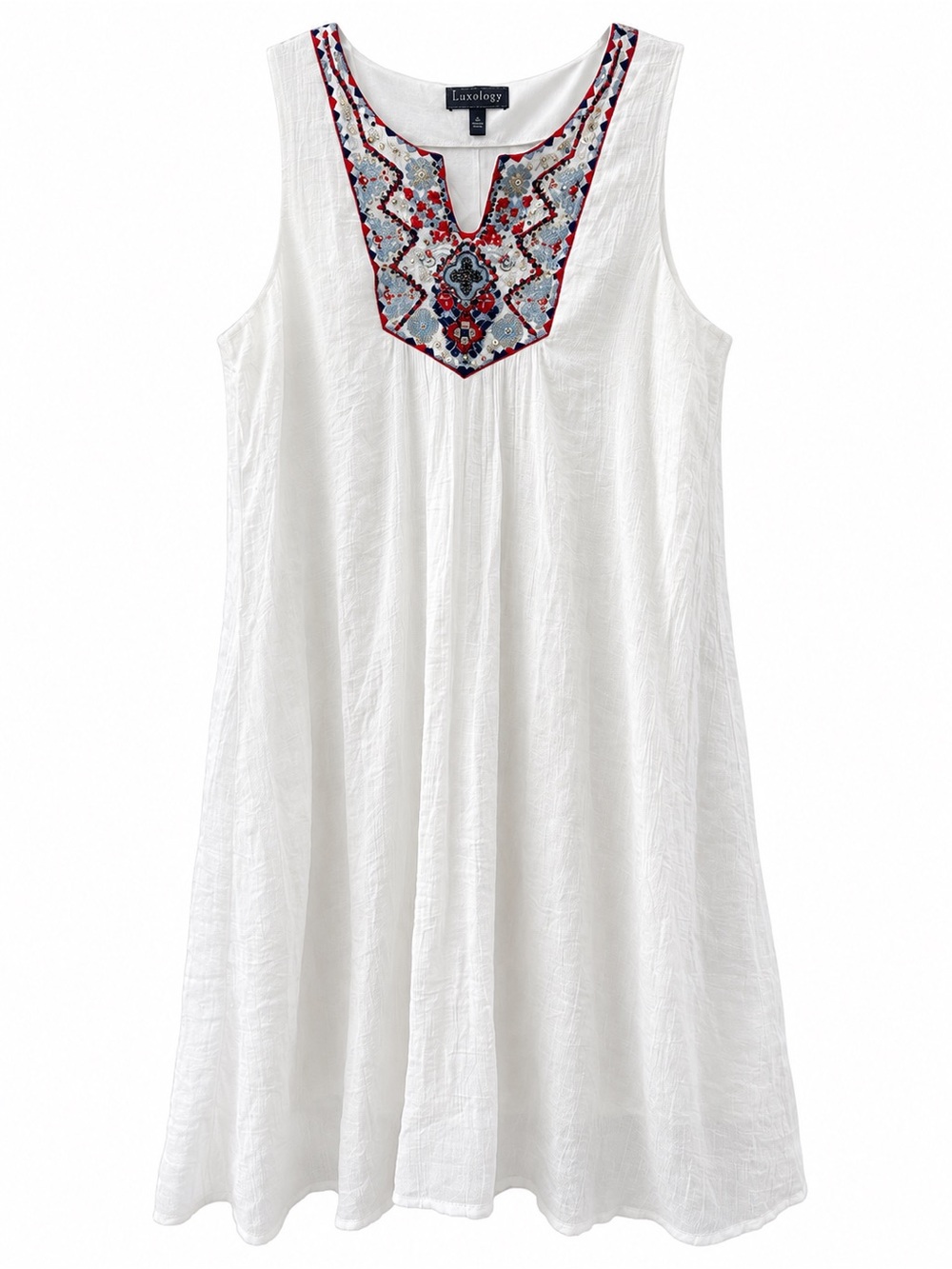 LUXOLOGY WHITE SLEEVELESS RED BLUE GOLD EMBROIDERY BEADED SEQUINS DRESS SIZE 16